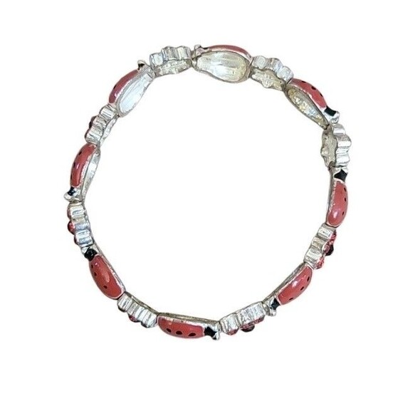 Y2K Red Enamel Ladybug Bracelet Silver Tone Rhinestone Flower Charm Stretch 7” - Picture 5 of 7